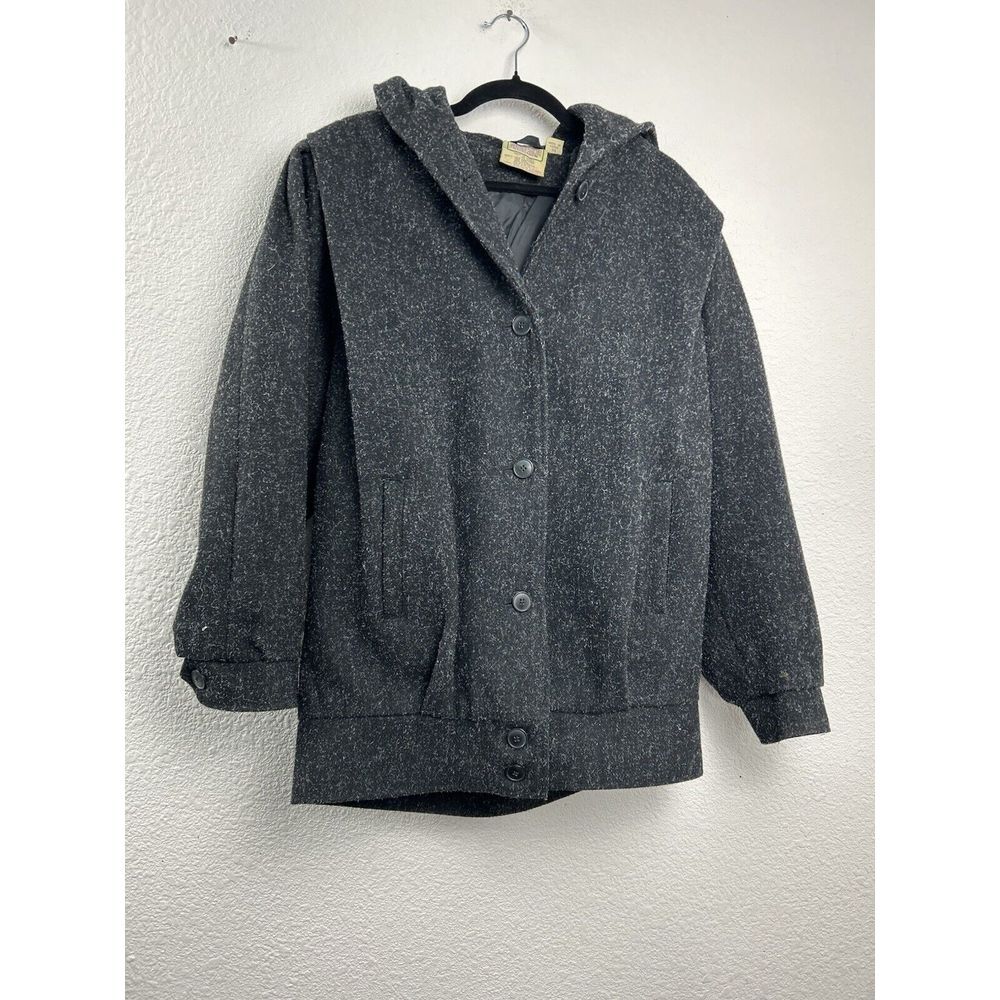 Vtg 80s 90s CHARCOAL Salt Pepper GREY Atomic Fleck Wool Coat HOODED‎ Jacket 14